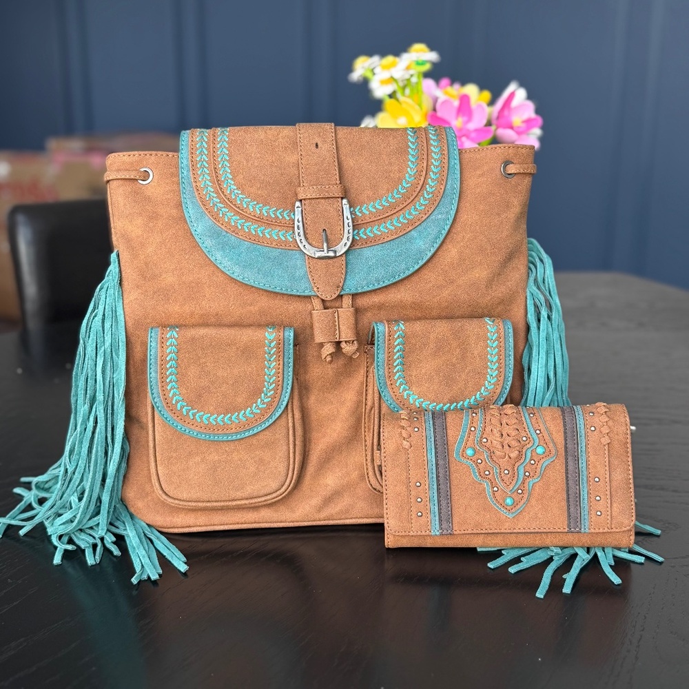 Montana West Fringe Buckle Collection Backpack Wallet Set- Brown